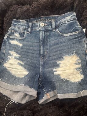 American Eagle Outfitters Distressed Dark Blue High-Rise Denim Shorts